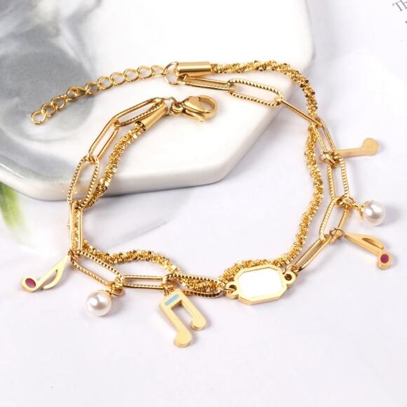 NEW 18K yellow gold plated double chain music note bracelet jewelry B28A - Picture 2 of 10